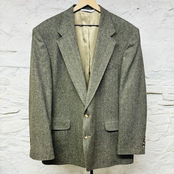 Lands End Vintage Tweed Jacket Gray Herringbone 100% Wool Blazer Made in USA 46L - Picture 1 of 9